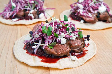 Duck Tacos with Chipotle Cherry Salsa and Crumbled Goat Cheese Tasty Tacos Recipe, Duck Tacos, Crumbled Goat Cheese, Cherry Salsa, Tacos Recipes, Goat Cheese Recipes, Tacos And Burritos, Duck Recipes, Small Closet