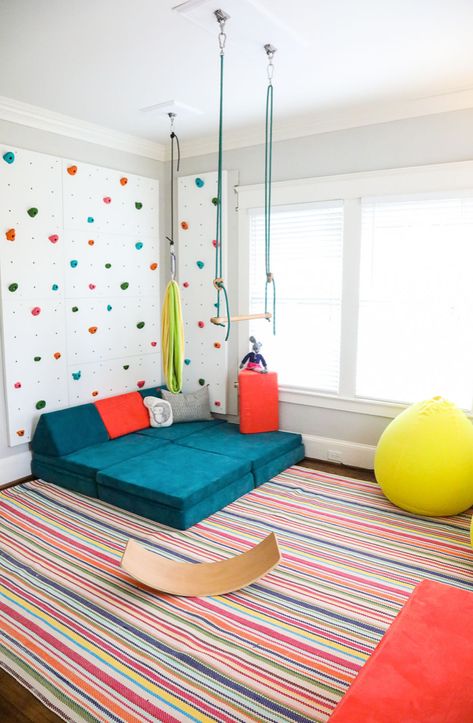 Playroom Design 101 Sensory Kids Room, Custom Playroom, Home Climbing Wall, Climbing Walls, Colorful Playroom, Basement Playroom, Kids Basement, Westport Ct, Sensory Room