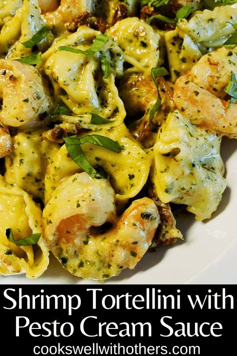 Tortellini And Shrimp, Tortellini With Pesto, Shrimp Tortellini, Pesto Cream Sauce, Cheese Tortellini Recipes, Shrimp Pesto Pasta, Cheesy Tortellini, Pesto Shrimp, Spinach Tortellini