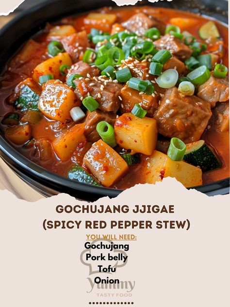 🔥 Warm up with Gochujang Jjigae! 🍲 #SpicyStew #KoreanComfortFood Gochujang Jjigae (Spicy Red Pepper Stew) Ingredients: Gochujang (Korean red pepper paste) (2 tbsp) Pork belly (200g, sliced) Tofu (200g, cubed) Onion (1, sliced) Zucchini (1, sliced) Potato (1, cubed) Green onions (2, chopped) Garlic (3 cloves, minced) Water (3 cups) Soy sauce (1 tbsp) Instructions: In a pot, sauté pork belly until slightly browned. Add onions and garlic, cook until fragrant. Stir in gochujang and soy sauce.... Gochujang Jjigae, Sliced Zucchini, Spicy Stew, Red Pepper Paste, Cozy Fall Recipes, Pepper Paste, Watermelon Sugar, Festive Drinks, Asian Inspiration