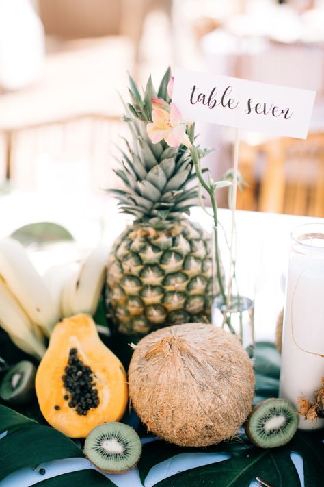 Tropical fruit reception table decor. Pineapple, kiwi, coconut, papaya. Cursive table number. Fruit Diet Plan, Block Island Wedding, San Clemente Wedding, Fruit Centerpieces, Fruit Decoration, Couples Decor, Fruit Diet, Reception Tablescapes, Fruit Party