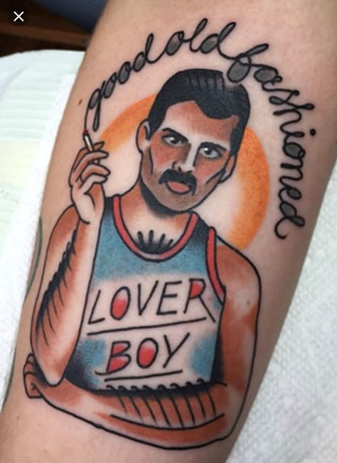 Traditional Portrait Tattoo, 50s Tattoo, Skin Doodles, Freddie Mercury Tattoo, Traditional Portrait, Sick Tattoos, Gay Tattoo, Sick Tattoo, Queen Tattoo