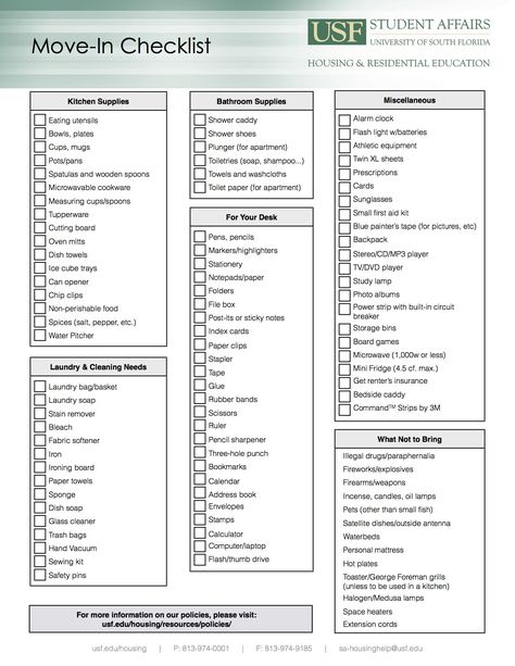 Move-In checklist for #USF residence halls.  MOVING IN in less than a month! Whooop Whoop! Moving Out For College, Moving Out Checklist, Move In Checklist, Luxury Dorm Room, Dorm Packing, Dorm Room Organization Diy, College Dorm Checklist, Dorm Room Checklist, Moving House Tips