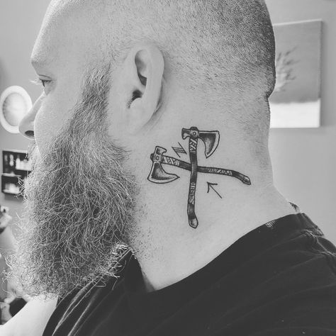 Saw someone else with a similar one and I gave my Tattoo artist the idea and this is the results. Credit Alan at Radatat Tattoo Norse Neck Tattoos For Men, Neck Viking Tattoo, Pagan Tattoo Men, Viking Neck Tattoo For Guys, Nordic Neck Tattoo, Viking Neck Tattoo, Ax Tattoo, Tattoo Scorpio, Side Neck Tattoo For Guys