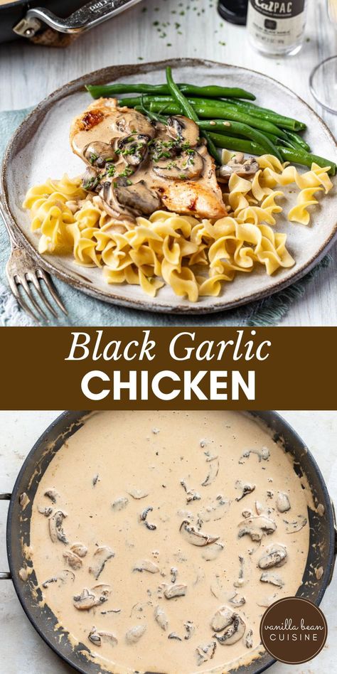 This savory and earthy Black Garlic Chicken recipe may just become your new favorite dinner. The creamy mushroom black garlic sauce is easy to make, making this a quick weeknight meal. Black Garlic Chicken Recipes, Chicken Garlic Mushroom Recipes, Black Garlic Sauce, Cooking With Black Garlic, Black Garlic Recipes Dishes, Chicken With Garlic Mushroom Sauce, Black Garlic Chicken, Black Garlic Recipes, Chicken And Cheese Recipes