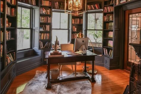 Custom library built into the turret at 86 Dexter Street, Malden. Victorian Turret, Turret Room, Window Nook, Storybook Homes, Home Office Library, Room Additions, Office Library, Lounge Design, House Outside Design