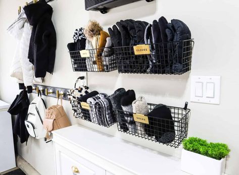 wire baskets to store winter gear gloves hats Hat And Mitten Storage Entryway, Winter Scarf Storage, Hat And Glove Storage, Winter Gear Storage, Winter Gear Organization, Organizing Hacks Dollar Stores, Glove Storage, Preparing For Winter, Snow Clothes