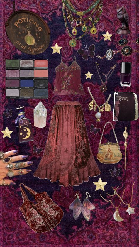 🍇 #whimsical #whimsigoth #whimsigothic #whimsigothaesthetic #outfitinspo #outfitideas #witchy #witch #witchaesthetic #boho #bohoaesthetic #witchcraft #whimsigothoutfit Hippie Witch Outfits, Witch Aesthetic Fashion, Boho Witch, W.i.t.c.h Aesthetic, Fairy Goth, Downtown Outfits, Earthy Outfits, Outfit Layout, Witch Outfit