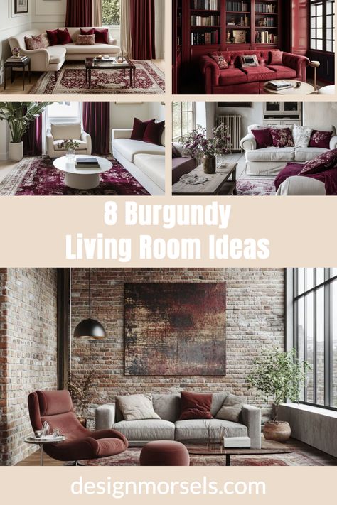 8 Burgundy Living Room Ideas Burgundy Furniture Living Room Decor, Dark Red Rug Living Room, Red And Grey Living Room Ideas, Burgundy Rooms, Red Wall Living Room Ideas, Burgundy Living Room Ideas, Burgundy Couch Living Room, Burgundy Couch, Red Living Room Walls