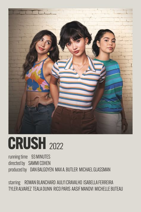 Crush is a 2022 American coming-of-age romantic comedy film directed by Sammi Cohen (in her feature directorial debut) and written by Kirsten King and Casey Rackham. The film stars Rowan Blanchard and Auliʻi Cravalho in a story about a teenage girl joining her high-school track team to get closer to her crush, only to discover she is getting closer to another teammate. Crush was released digitally on April 29, 2022, on Hulu. Best Teen Movies, Crush Movie, Romcom Movies, Movie Hacks, Movies To Watch Teenagers, Netflix Movies To Watch, Film Netflix, Movie To Watch List, New Movies To Watch