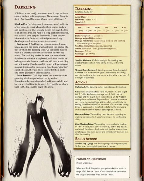 Dnd Fey Statblock, Dnd Shadow Creature, Shadowfell Monsters 5e, Dnd Low Level Monster, Dnd Boss Monster, Dnd 5e Homebrew Monsters Low Level, Dnd Monster Ideas, Dnd Evil Character, Shadowfell Dnd