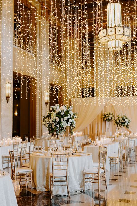 Gold Reception Decor, White And Gold Wedding Themes, Luxury Event Decor, Gold Reception, Wedding Reception Lighting, White Weddings Reception, Dream Wedding Reception, Indoor Wedding Receptions, Minimalist Wedding Decor