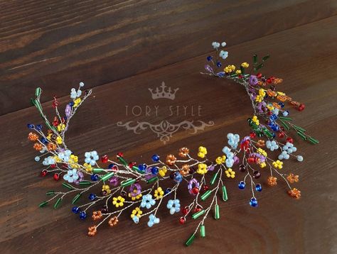 Doctor Wedding, Flowers Headpiece, Wedding Rainbow, Pride Wedding, Rainbow Accessories, Rainbow Wreath, Beaded Headpiece, Wire Craft, French Beaded Flowers