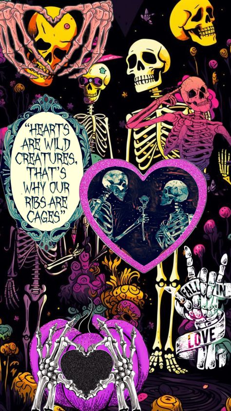 #halloween #heart #skeletons #love #fyp Sugar Skull Wallpaper, Skeleton Artwork, Halloween Heart, Trippy Backgrounds, Halloween Wallpaper Cute, Phone Background Patterns, Goth Wallpaper, Valentines Wallpaper, Cellphone Wallpaper Backgrounds