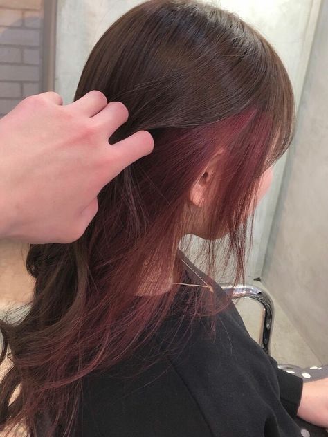 Plum Underneath Hair, Peekaboo On Brunette, Burgundy Underneath Hair Brown, Maroon Underneath Hair, Hair Dye Ideas With Brown Hair, Burgundy Underdye Hair, Cherry Red Hair Underneath, Peekaboo Hair Color Shoulder Length, Under Hair Color Red