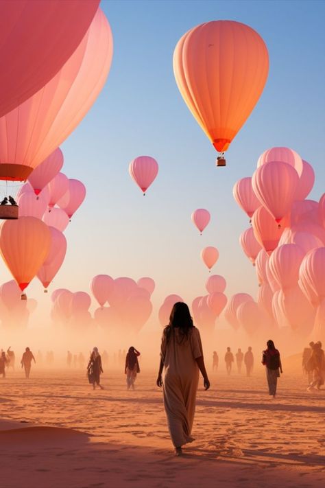 A fleet of pink hot air balloons ascending gracefully into the sky, where it blushes with the soft hues of dawn. #aigeneratedart #aiart #midjournyaiart Hot Air Balloons Photography, Fever Pitch, Dream Vision Board, Hot Air Balloons, Beach Bars, Air Balloons, Camping Experience, Moon Child, Hot Air Balloon