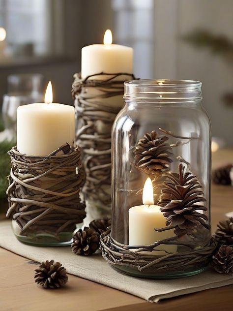 Bring the beauty of the outdoors inside with this nature-inspired centerpiece made from twigs, pinecones, or small branches. Perfect for creating a cozy and inviting atmosphere during the holiday season. #natureinspired #centerpiece #homedecor #Christmasdecorations Pinecone Decorations Diy, Natural Holiday Decor, Pinecone Centerpiece, Navidad Natural, Yankee Candle Jars, Diy Wooden Crate, Lights For Christmas, Glass Bottle Diy, Fall Floral Arrangements