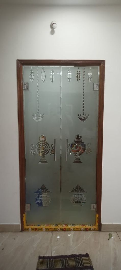 Puja Unit Glass Door Design, Glass Doors For Puja Room, Puja Mandir Glass Door Design, Ganesh On Glass Door, Frosted Glass Door For Pooja Room, Poojaroom Glass Door Designs, Pooja Room With Glass Walls, Pooja Unit Glass Door Designs, Puja Glass Door Design