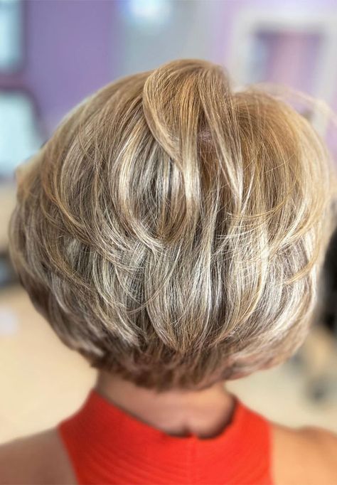 Hairstyles For Coarse Thick Hair, Layered Stacked Bob Haircut Back View, Women Over 60 Short Haircuts, Short Bob With Blonde Highlights, Back View Hairstyles, Bob Haircuts For Women Over 60 With Fine Hair, Haircut For 60 Yr Old Woman, Stacked Inverted Bob Haircuts Short, Med Haircuts For Women Medium Layered