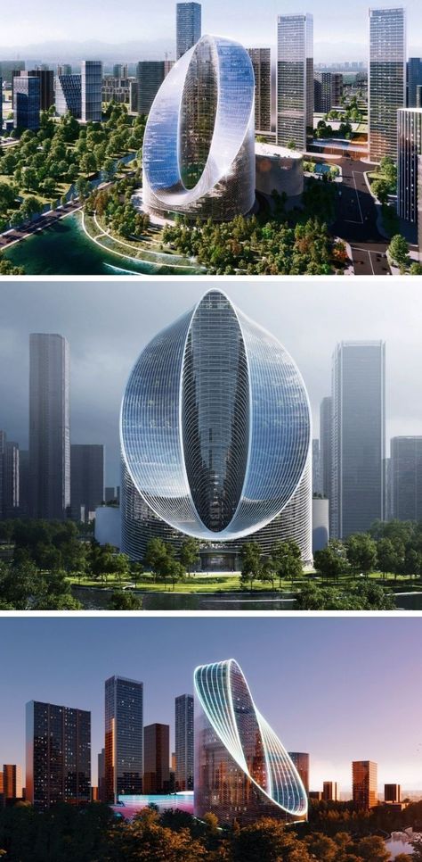 Envisioned by Bjarke Ingels Group, the headquarters are described as an “infinity loop” shaped skyscraper that “connects [the] ground to sky in a continuous loop of collaboration”. The O-Tower will be located in Hangzhou’s Future Sci-Tech City, within the Zhejiang province of China. Its purpose will be to primarily serve as an R&D building for the smartphone company while acting as an “iconic landmark and gateway” to the business district. READ & VIEW MORE NOW! Famous Skyscrapers, Tech Building Design, Future Skyscraper, Building View, Iconic Architecture Design, Future Building Concept, Landmark Architecture, Space Building, Tech City