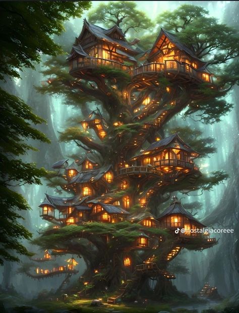 Fantasy Treehouse Drawing, Tree House Fantasy Art, Tree House Art, Fantasy Tree House, Fantasy Treehouse, Magical Village, Tree Town, Tree Village, Forest Village