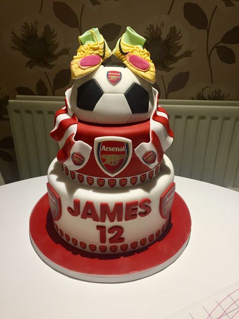 A HUGE 3 tier cake for an arsenal fan with a replica sugarpaste set of his football boots 👍 Football Cakes, 3 Tier Cake, Football Cake, Engagement Cakes, Tier Cake, Football Boots, Tiered Cakes, Arsenal, Wedding Cake