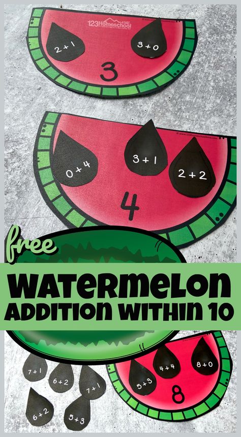 Watermelon Math Activities, Adding Within 10, Adding To 10, Watermelon Activities, Addition Within 10, Addition Activity, Summer Math Activities, Summer Learning Activities, Summer Kindergarten