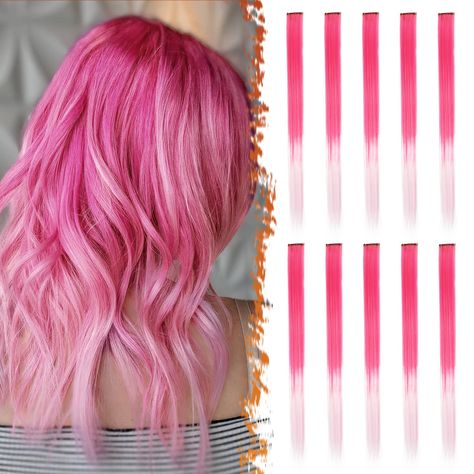 PRICES MAY VARY. 【Colored Hair Extensions】10 PCs set Ombre Pink colored clip-in straight hair extensions, each single piece has a small clip on the end that make the wearing sooo Easy & Sturdy. Comes with a pack of small colorful leather bands to create more fun hairstyles! 【Premium Raw Material】This product is made from 100% heat-resistant synthetic fiber, which is soft, silky, and smooth. It'll blend seamlessly with your natural hair! Plus, the stainless steel clip with silicone pad ensures th Pastel Hair Extensions, Hair Extensions Straight, Fun Hairstyles, Pink Clip, Highlights Ombre, Hair Extensions Clip, Extensions Clip In, Colored Hair Extensions, Straight Hair Extensions