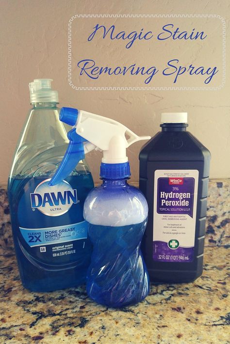 This spray is incredible! It works like magic and it’s only TWO ingredients. Those two ingredients are blue Dawn Soap and hydrogen peroxide, and you probably already have them! YAY!! Use one … Homemade Stain Remover, Homemade Stain Removers, June Cleaver, Stain Remover Spray, Deep Cleaning Hacks, Cleaning Fabric, Laundry Ideas, Stain Removers, Cleaning Stuff