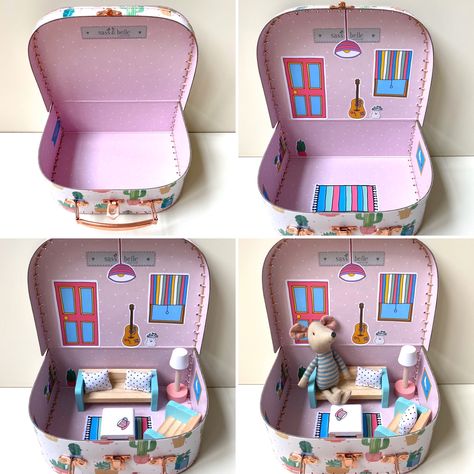 Suitcase dollhouses make a great gift. They are cute, portable and don’t take up a lot of space. It’s a perfect toy for families that are often on the go, live in a small space, or just love pretty things :). Buying a customised dollhouse however can be rather expensive, so in this blog I will show you how you could make your own customised suitcase dollhouse. For making your own suitcase dollhouse there are 4 things you’ll certainly need... Suitcase Dollhouse Diy, Suitcase Craft, Critter Crafts, Homemade Dollhouse, Suitcase Dollhouse, Travel Dollhouse, Doll Suitcase, Cardboard Dollhouse, Diy Suitcase