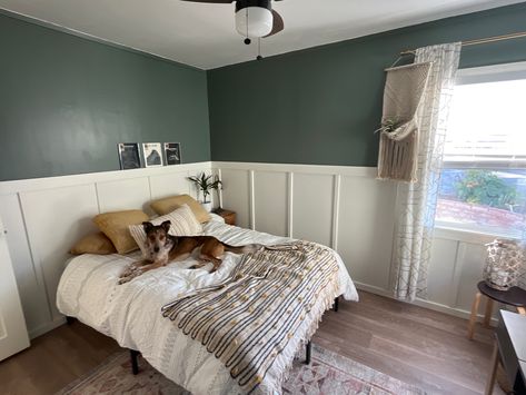 Green Half Wall Living Room, White Paneling With Green Walls, Green Bedroom Half Wall, Half Wall Paint Ideas Bedrooms, White Panelling Green Walls, Green Wall With Wainscoting, Half Painted Wall Green, Half Green Wall Bedroom, Wainscoting Green Walls