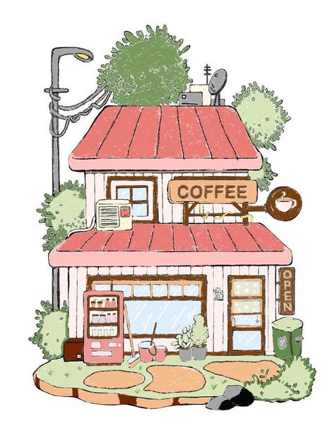 Cafe Shop Drawing, Cafe Drawing, Houses Watercolor, Handcraft Ideas, Cafe Illustration, Town Drawing, Whimsical Houses, Random Doodles, Pencil Drawing Images