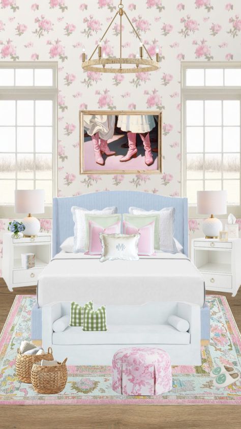 Green Blue Bedroom, Blue Floral Bedroom, Blue And Pink Bedroom, White Room Decor, Big Girl Bedrooms, College Dorm Room Decor, Kids Bedroom Inspiration, College Apartment Decor, College Room