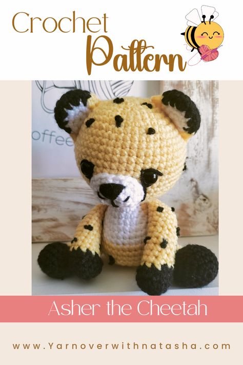 Black and yellow amigurumi cheetah with a white chest and black spots. Easy to follow crochet pattern for an amigurumi cheetah pattern Crochet Cheetah Pattern, Free Crochet Cheetah Patterns, Safari Crochet Patterns, Jaguar Crochet Pattern Free, Leopard Crochet Pattern, Crochet Cheetah Pattern Free, Cheetah Crochet Pattern, Cheetah Amigurumi, Crochet Cheetah