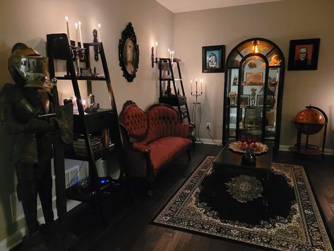 Gothic Aesthetic Apartment, 70s Goth Aesthetic Home, Victorian Themed Living Room, Gothic Rental Apartment, Vampy Home Decor, Dark Home Aesthetic Living Room, Cottage Goth Living Room, Whimsical Goth Living Room, Alternative Apartment Aesthetic