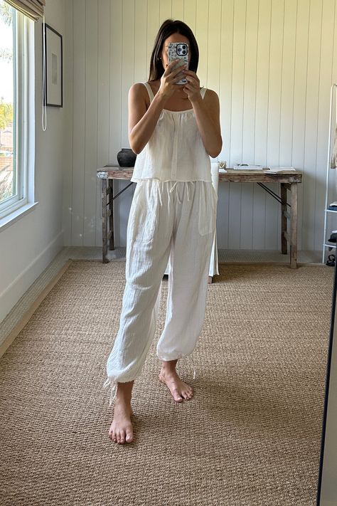 Women's Cotton Gauze Jogger Pajama … curated on LTK Gauze Pants Outfit, Outfits For The Weekend, Gauze Pants, Outfit Matching, All White Outfit, Comfy Outfit, White Outfit, Lounge Set, Lounge Sets