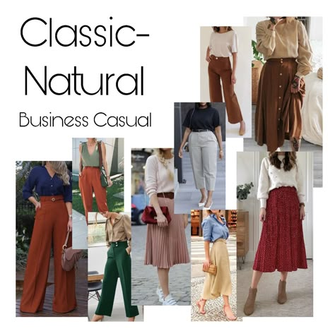 A collage of Classic-Natural essence inspiration for business casual. Natural Classic Essence Outfits, Natural Classic Style Essence, Natural Romantic Style Personality, Flamboyant Natural With Classic Essence, Romantic Natural Classic Essence, Natural Classic Style Personality House Of Colour, Classic Natural Style Outfit, Natural Classic Style Outfits, Soft Natural Business Casual