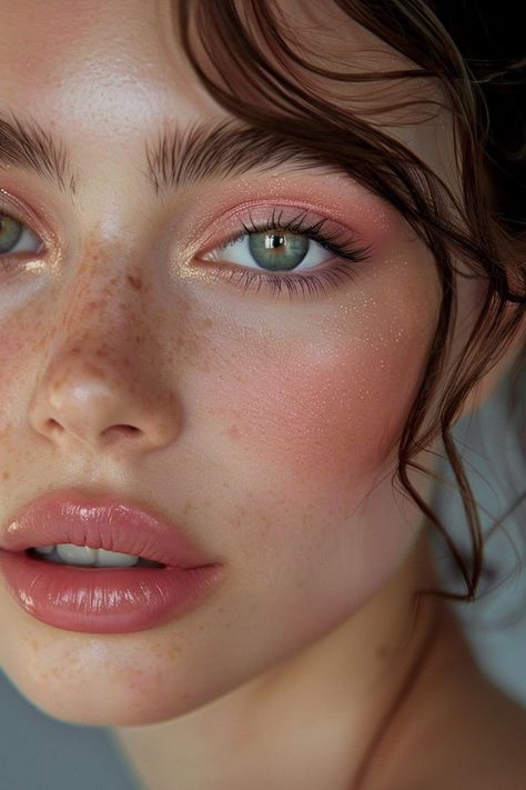 Sun Kisses Make Up, Light Colored Makeup, Makeup Red Hair Green Eyes, Peachy Summer Makeup, Summer Make Up Natural, Airy Makeup Looks, Cute Makeup Looks For Weddings, Soft Lilac Eye Makeup, Make Up Summer 2024