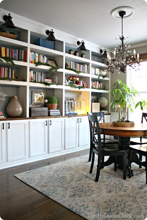 Dining Room To Library Conversion, Dining Room To Library, Magnolia Office, Dining Room Library, Bookcase Diy, Library Bookcase, Dining Room Remodel, Book Cabinet, Home Library Design