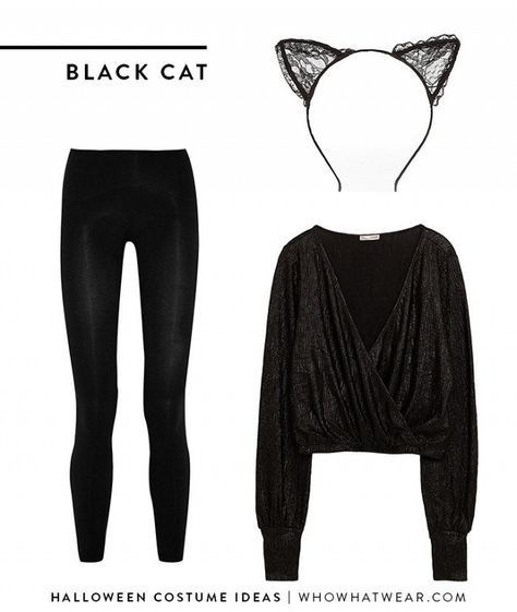 Black leggings + blouse + cat ears = Black cat Halloween Costumes With Leggings, Comfortable Halloween Costumes, Costumes Black Women, Halloween Costumes Black Women, Simple Costumes, Halloween Costumes Black, Black Cat Halloween Costume, Diy Halloween Costumes For Women, Crossover Top