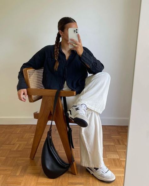 Linen Pants Outfit Winter, Navy Linen Pants Outfit, Blue Linen Pants Outfit, Navy Blue Shirt Outfit, New Balance 550 Outfit, 550 Outfit, Navy Blue Pants Outfit, White Outfit Casual, White Linen Pants Outfit