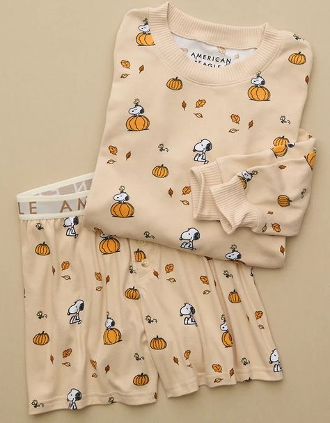 AE Peanuts Fall Pumpkin Plush PJ Set Peanuts Fall, Snoopy Fall, Snoopy Pajamas, Pumpkin Plush, Cozy Pajamas, Elastic Shorts, Cute Pajamas, Cake Batter, Womens Loungewear