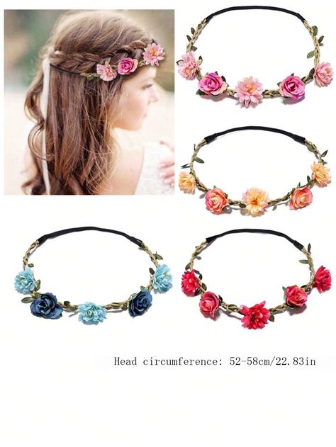 4pcs/Pack Girls' Flower Crown Headband With Simulation Roses, Suitable For Wedding/Party Hair AccessoriesI discovered amazing products on SHEIN.com, come check them out! Bridesmaid Wreath, Rose Flower Headband, Bohemian Hair Accessories, Festival Hair Accessories, Wedding Party Hair, Ribbon Hair Ties, Cool Hair, Rose Flower Crown, Flower Headdress