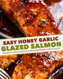 Honey Garlic Glazed Salmon (20 min. recipe!) - The Chunky Chef Honey Garlic Glazed Salmon, Honey Salmon Recipes, Salmon Recipe Pan, Honey Glazed Salmon Recipe, Dinner Seafood, Salmon Recipes Pan Seared, The Chunky Chef, Salmon Recipes Baked Healthy, Salmon Filets