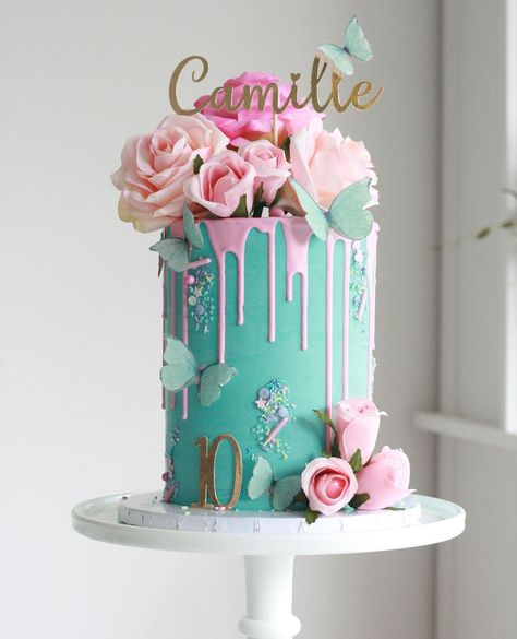 Turquoise Drip Cake, Pink And Turquoise Birthday Cake, Pink And Blue Cake Ideas, Tiffany Blue Birthday Cake, Teal Drip Cake, Teal And Pink Cake, Turquoise Cake Ideas, Blue Birthday Cakes For Women, Pink And Blue Birthday Cake