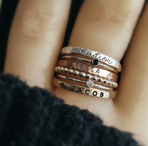 Custom Personalized Gold Plated Stacking Name Rings Set Six Rings Rings With Names, Mom Rings, Mothers Ring Stackable, Stackable Name Rings, Jewelry Stacking, Grandmother Jewelry, Handmade Personalized Gifts, Ring Spacer, Mom Ring