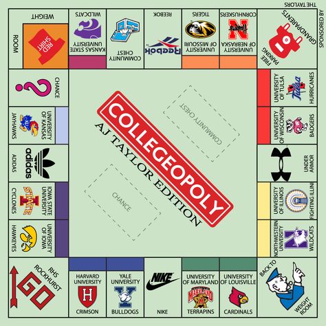 Monopoly "Collegeopoly" board game design Monopoly Poster Design, Game Night Poster Design, Board Game Design Templates, Gen Math, Monopoly Diy, Custom Monopoly, Passport Template, Keynote Design, Board Games Diy