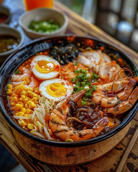 SEAFOOD BOIL RAMEN 🍤🍜 Ingredients: 2 tbsp Old Bay seasoning 1 tbsp smoked paprika 1 tsp cayenne pepper (optional for extra heat) 1 lemon, quartered 4 cloves garlic, minced 1 lb large shrimp, deveined and peeled 1 lb mussels, cleaned 1 lb clams, cleaned 2 ears of corn, cut into thirds 4 oz smoked sausage, sliced 4 packs instant ramen noodles (discard seasoning packets) 4 cups chicken or seafood broth 1 cup water 2 tbsp unsalted butter Fresh parsley, chopped (for g... Seafood Boil Ramen, Seafood Broth, Ramen Ingredients, Sweet Chili Sauce Recipe, Foodie Art, Foreign Food, Instant Ramen, Food Rules, Fine Cooking