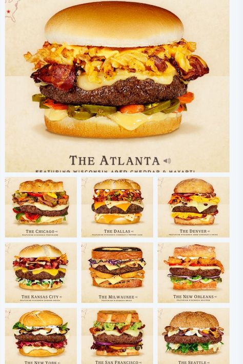 I want to try all of them! Different Burger Recipes, Different Kinds Of Burgers, Gourmet Burgers Ideas, Burger Varieties, Types Of Burgers, What A Burger, Burger Ideas, Big Burgers Cheeseburgers, Burger Restaurant