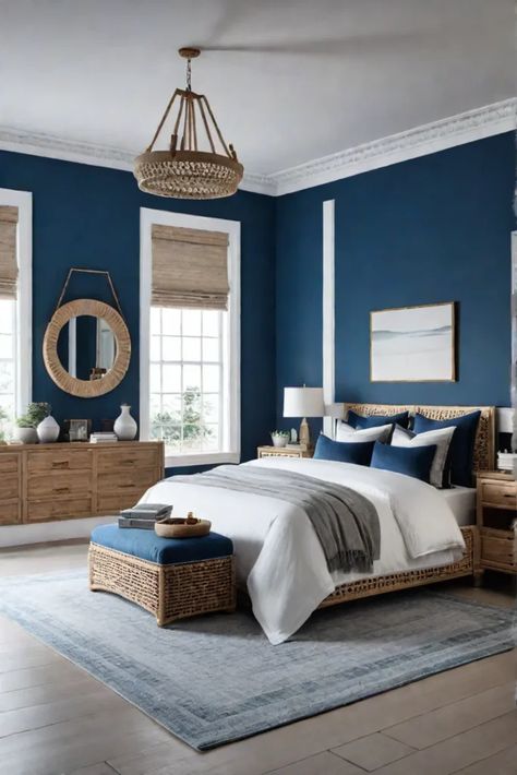 Blue Bedroom with Natural Textures Blue Accent Wall Bedroom Decor, Neutral Bedroom Colors, Neutral Bedroom Paint Colors, Hacienda Style Homes Interiors, Bedroom Paint Schemes, Neutral Bedroom Paint, Attic Guest Room, Blue And Cream Bedroom, Michael Tattoo